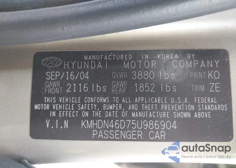 2005 Hyundai Elantra Gls/Gt z USA, uszkodzony, nr VIN KMHDN46D75U986904